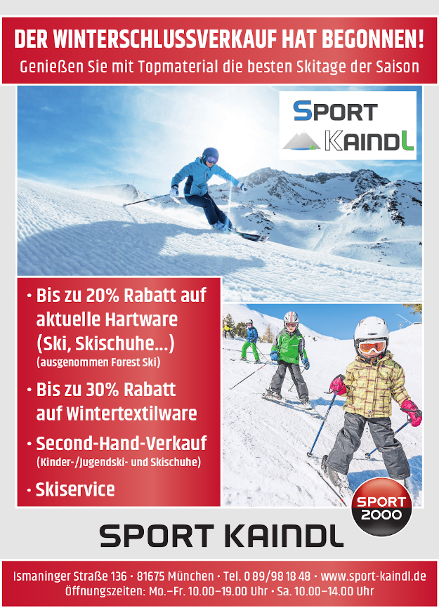 Der Winterschlussverkauf hat begonnen. Genießen Sie mit Topmaterial die schönsten Skitage der Saison. 30% auf Wintertextilien (Skijacken und Hosen, Skiunterwäsche, Mützen, uvm.) sowie bis zu 20% auf Winterhartware (Ski, Skischuhe, Langlaufski, Langlaufschuhe, Brillen, Skihelme, uvm.) ... Und vergessen Sie nicht unseren Hauseigenen Skiservice und den Second-Hand Verkauf für Ski und Skischuhe